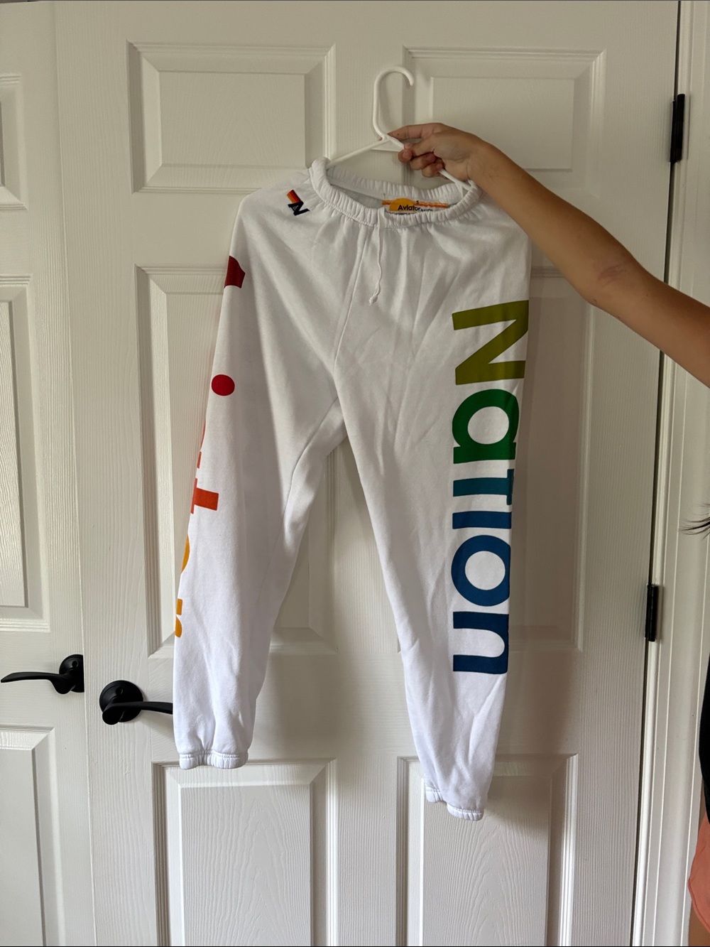 Aviator Nation White Track Pants with Rainbow 'Nation' Logo